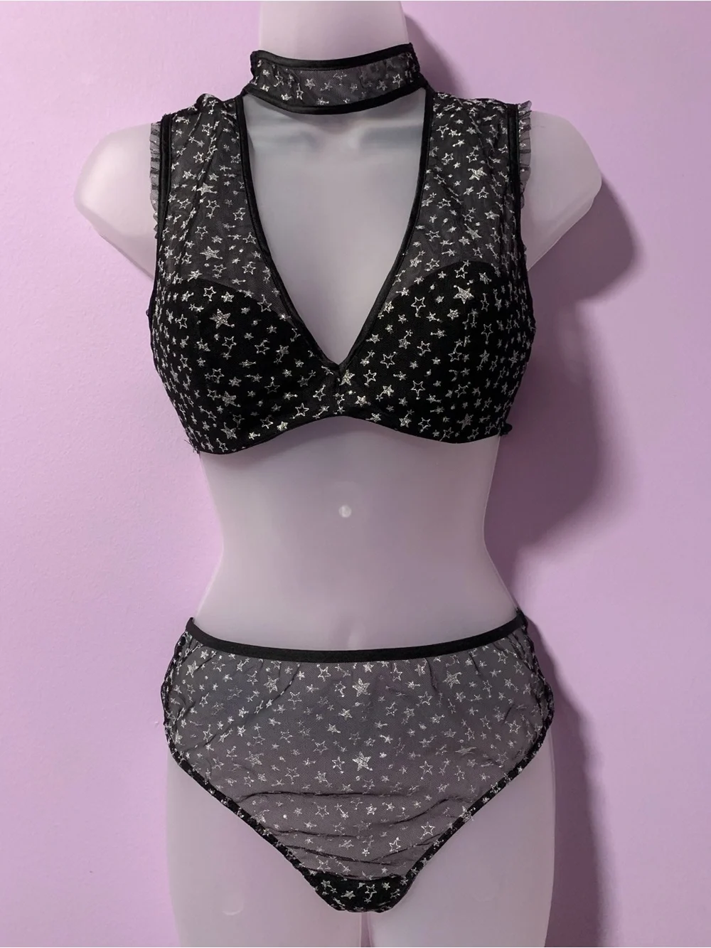 VS Black Sheer Star Mesh Bra & High-Waist panty Set